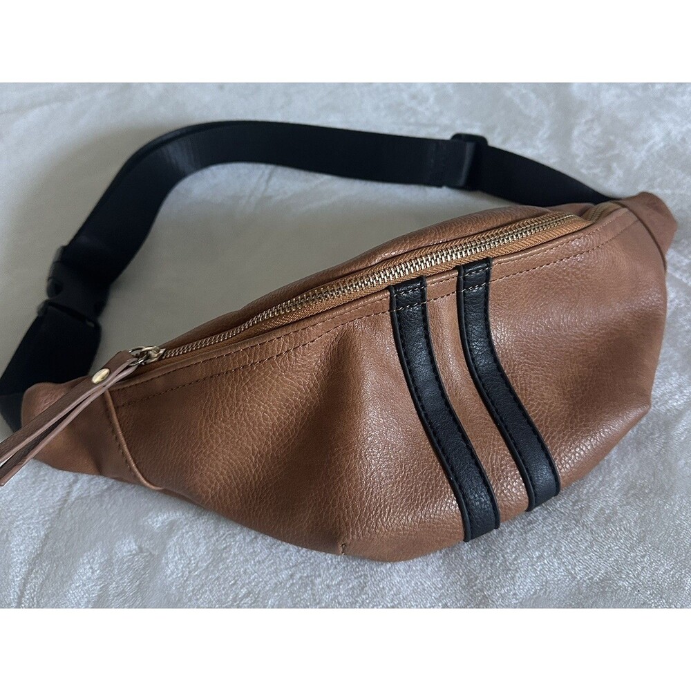 Sam Forever Cognac Pebbled Leather Sling Belt Bag Fanny Pack Varsity Stripe